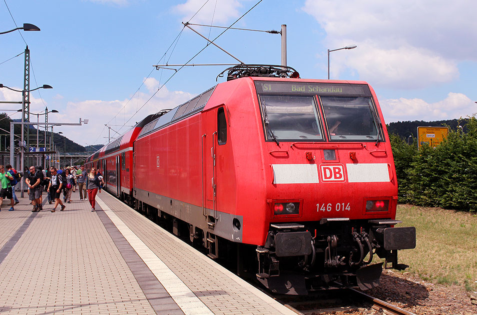 Die E-Lok 146 014 im Bahnhof Bad Schandau in Sachsen