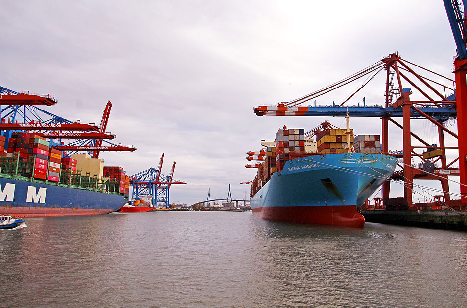 Im Waltershofer Hafen am Eurogate Container Terminal liegt das Schiff Maersk Hamburg