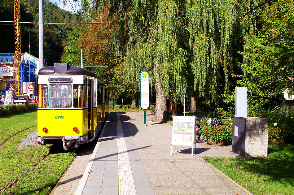 Die Haltestelle Kurpark der Kirnitzschtalbahn in Bad Schandau