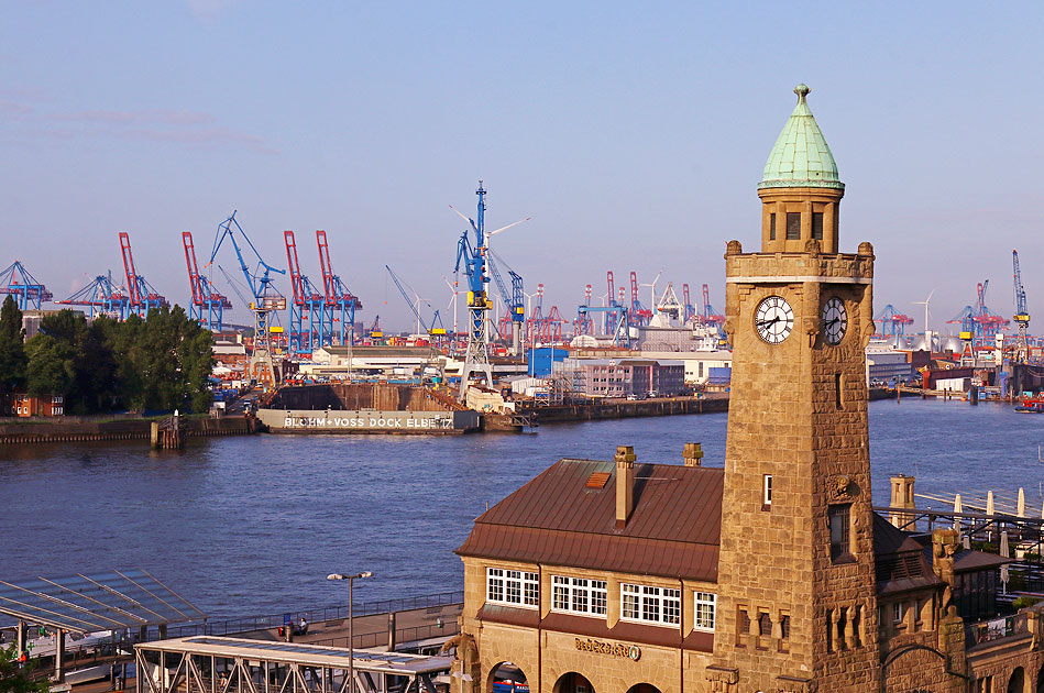 Der Pegelturm von den St. Pauli Landungsbrücken in Hamburg